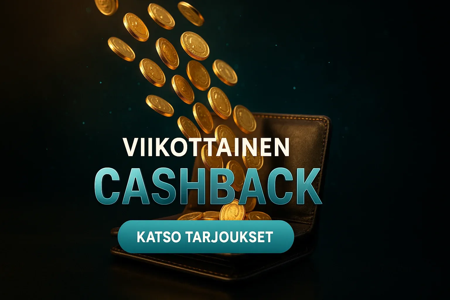 Viikoittainen cashback -kasinobanneri, kultakolikot virtaavat lompakkoon ja CTA-nappi