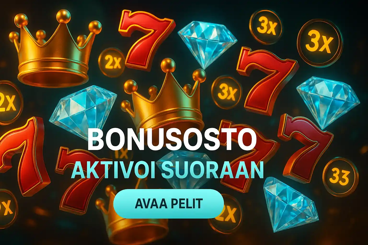 Suomalainen kasinobanneri, bonusosto-teksti, kolikkosymbolit, kruunut, seiskat ja timantit