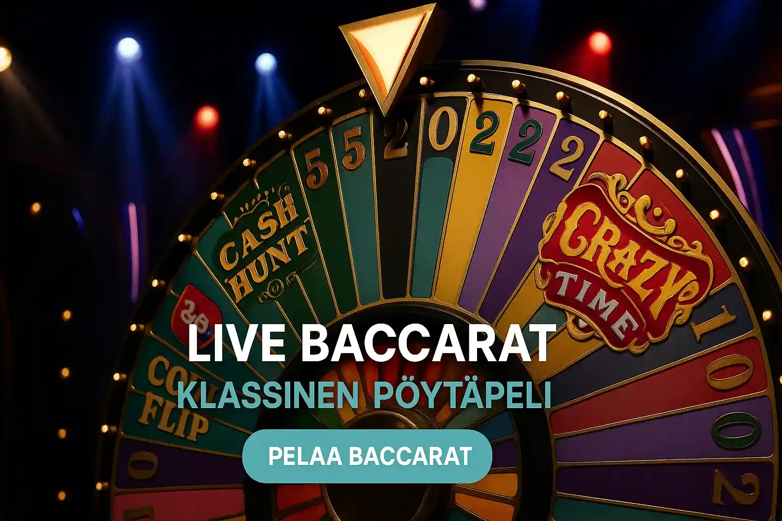 Laajakuva kasinobanneri Crazy Time -pyörällä ja Live Baccarat -tekstillä