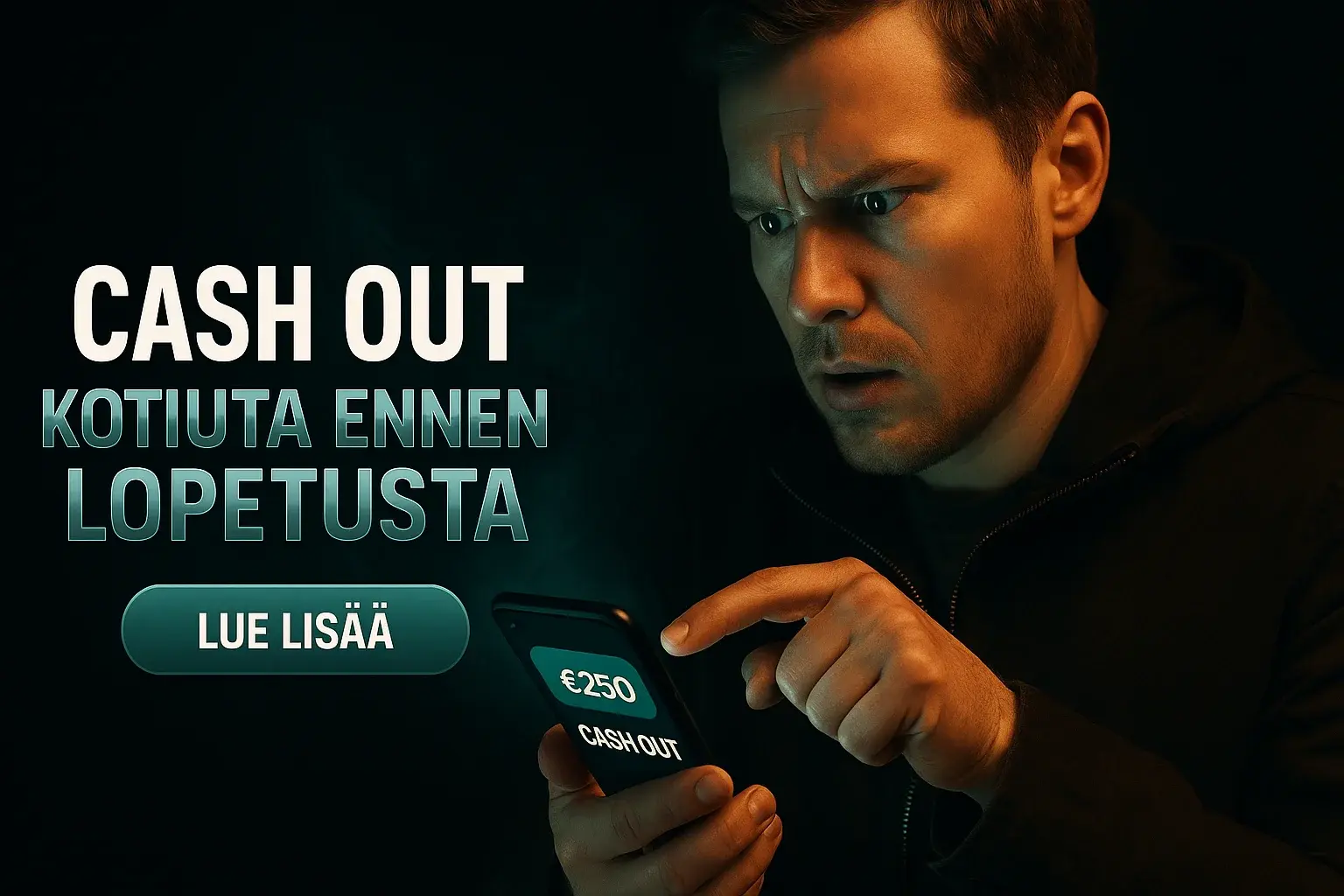 Suomalainen mies cash out -hetkessä, älypuhelimessa 250 € kotiutusnappi